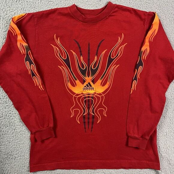 Vintage 90s Adidas‎ Soccer Red Flames Long Sleeve T Shirt Size Youth XL - Picture 1 of 6
